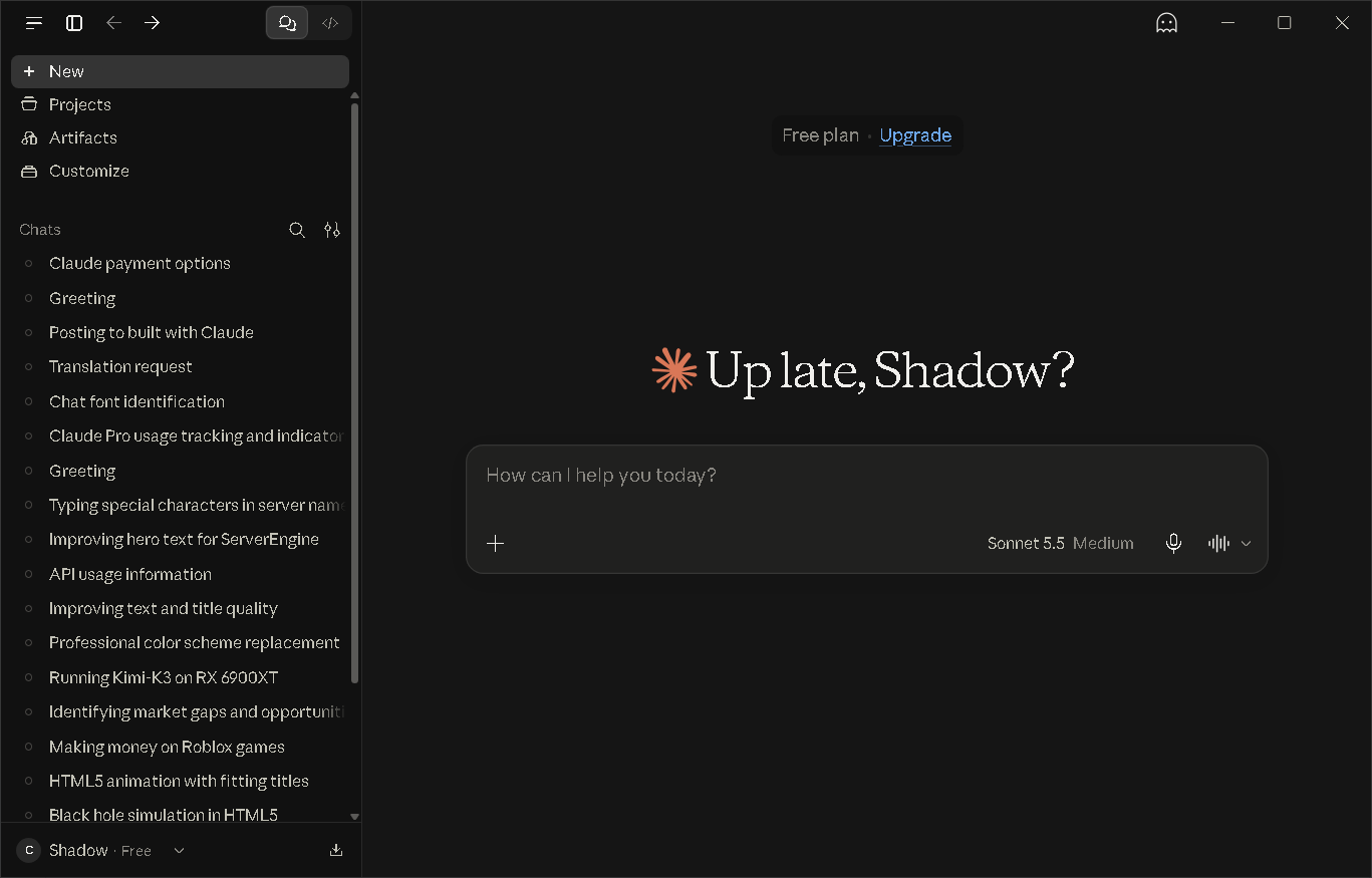 The Claude app on Windows: chats listed in the sidebar and a new conversation ready in the main window, with the model picker and voice controls in the prompt box.