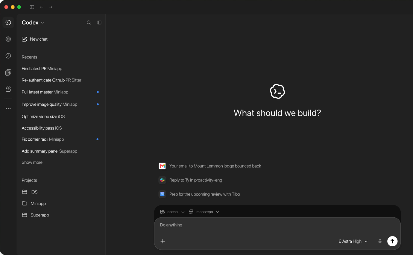 The Codex app: recent chats and projects in the sidebar, and a new chat asking what to build, with suggestions drawn from email, Slack and a calendar above the prompt box.