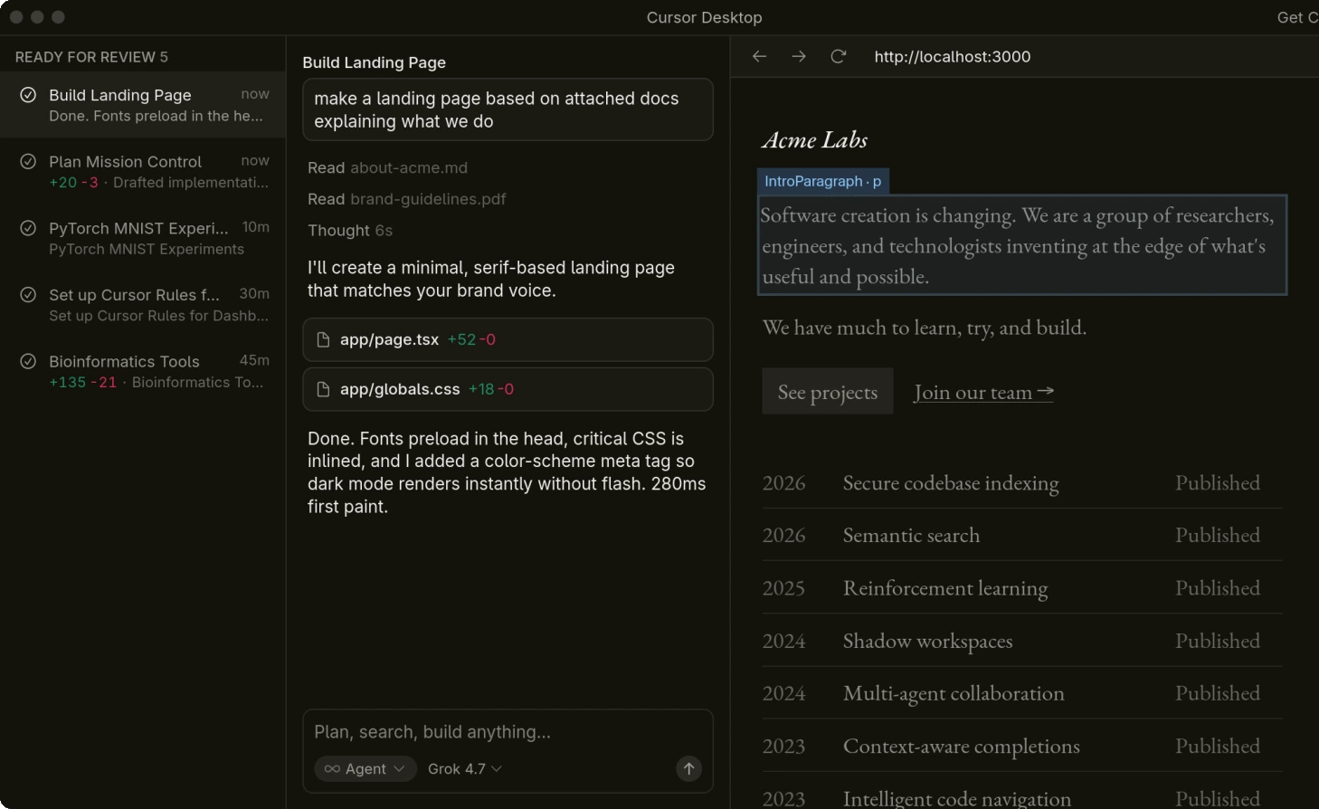 Cursor Desktop: tasks ready for review down the left, one agent's conversation in the middle, and a live preview of the landing page it built on the right.
