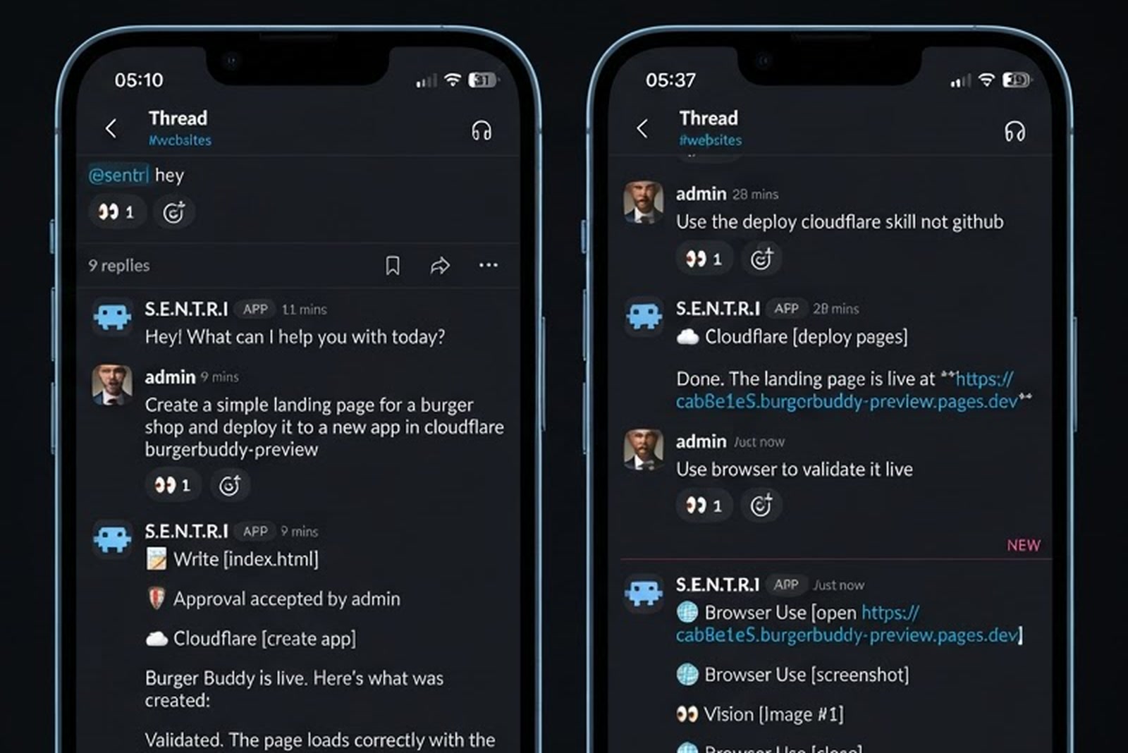Two phones side by side showing the same Slack thread. On the left the agent is asked to build a landing page for a burger shop and deploy it to Cloudflare, and reports each step as it finishes. On the right it is told to use the Cloudflare skill and then to validate the page in a browser, which it does and confirms the site is live.
